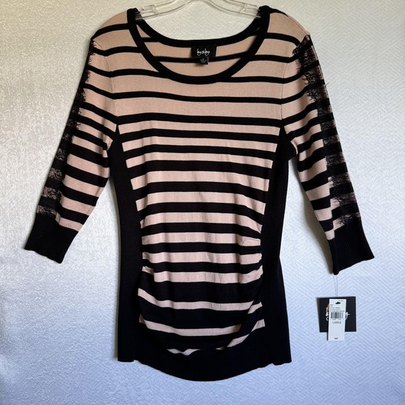 by & by Sweaters - by & by Sweater Womens Large Pink Black Striped Jersey Pullover Lace Sleeve NWT